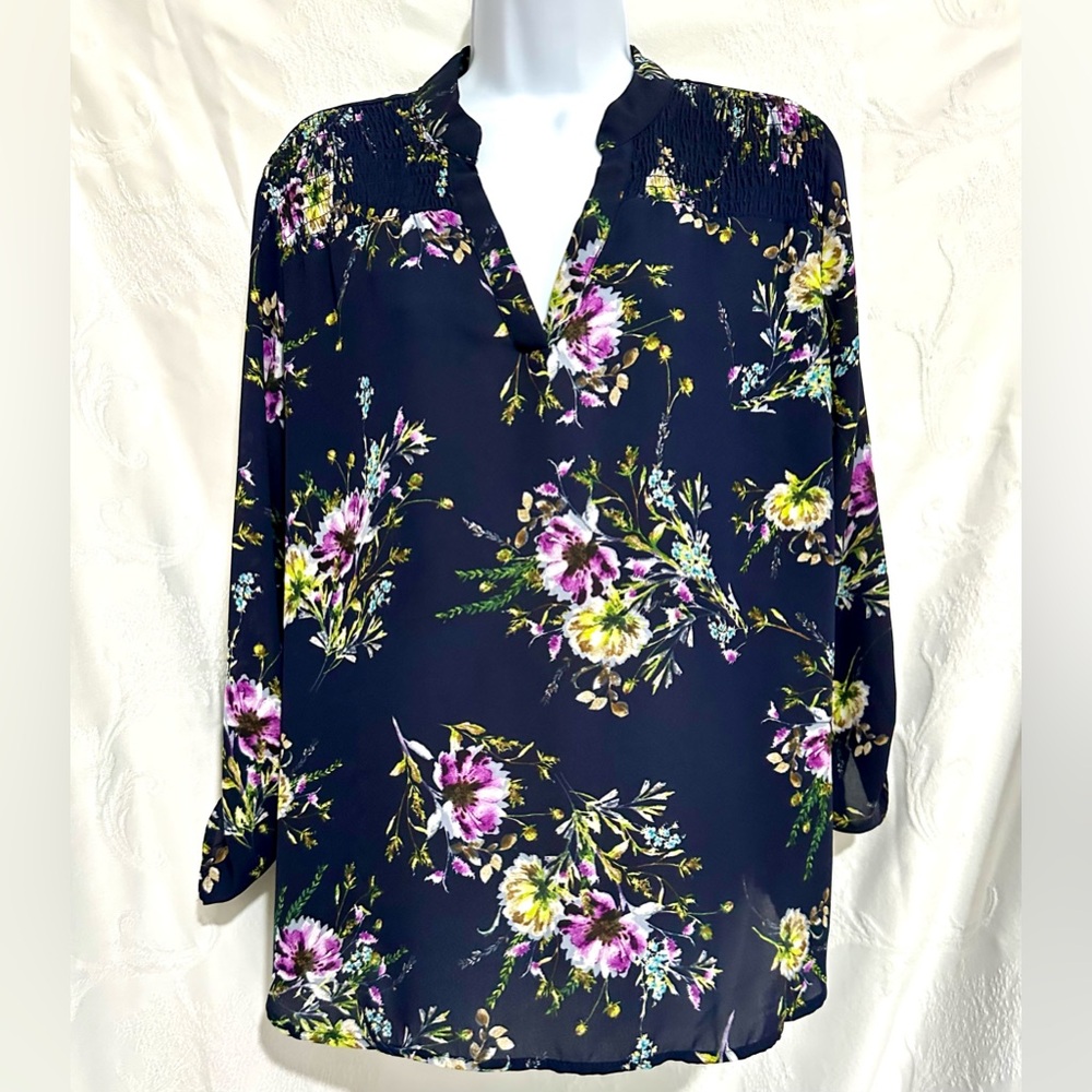 Purple and Blue Floral 3/4 Sleeve Blouse with Mandarin Collar T0001